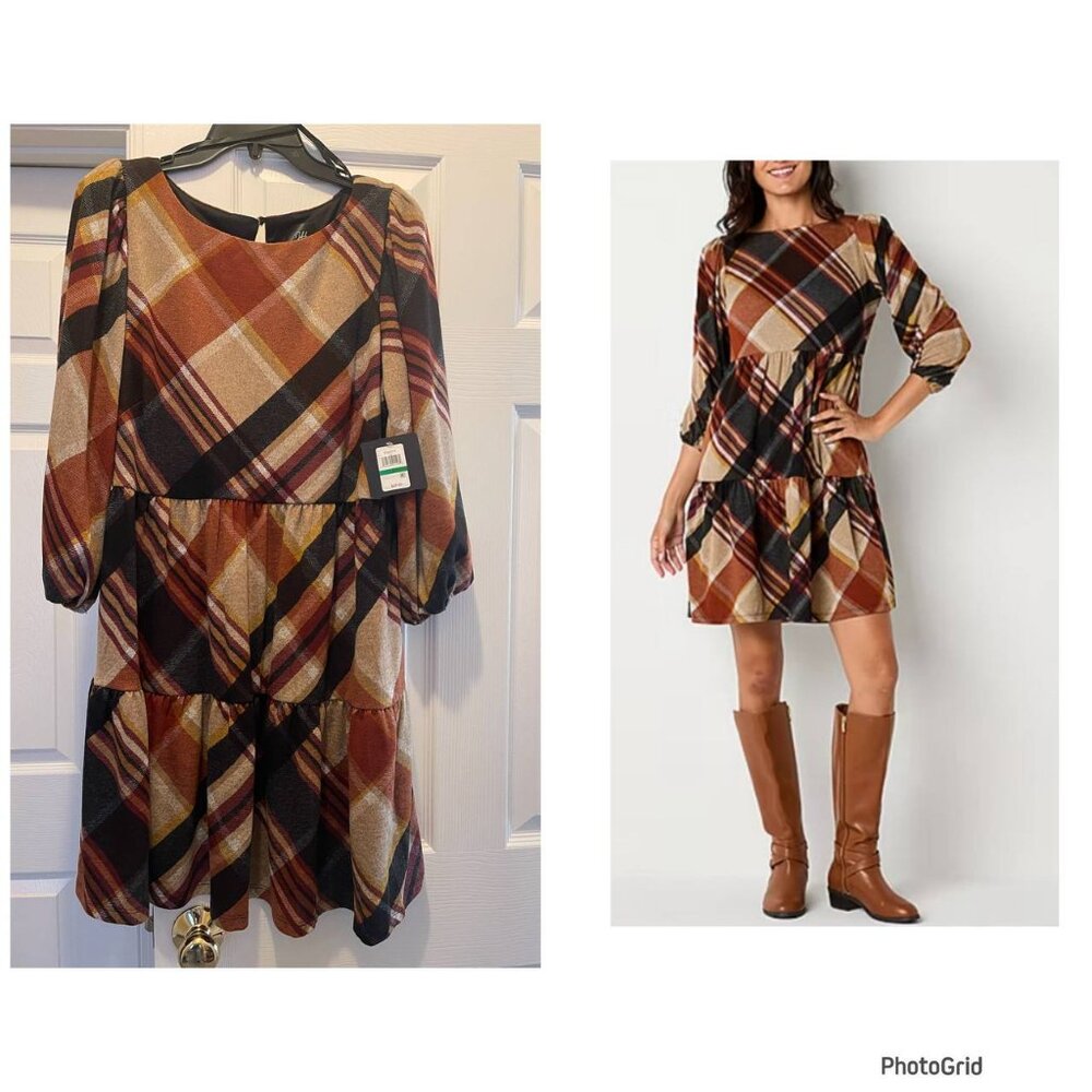 Jessica Howard Womens 3/4 Sleeve Plaid Shift Dress, Size L